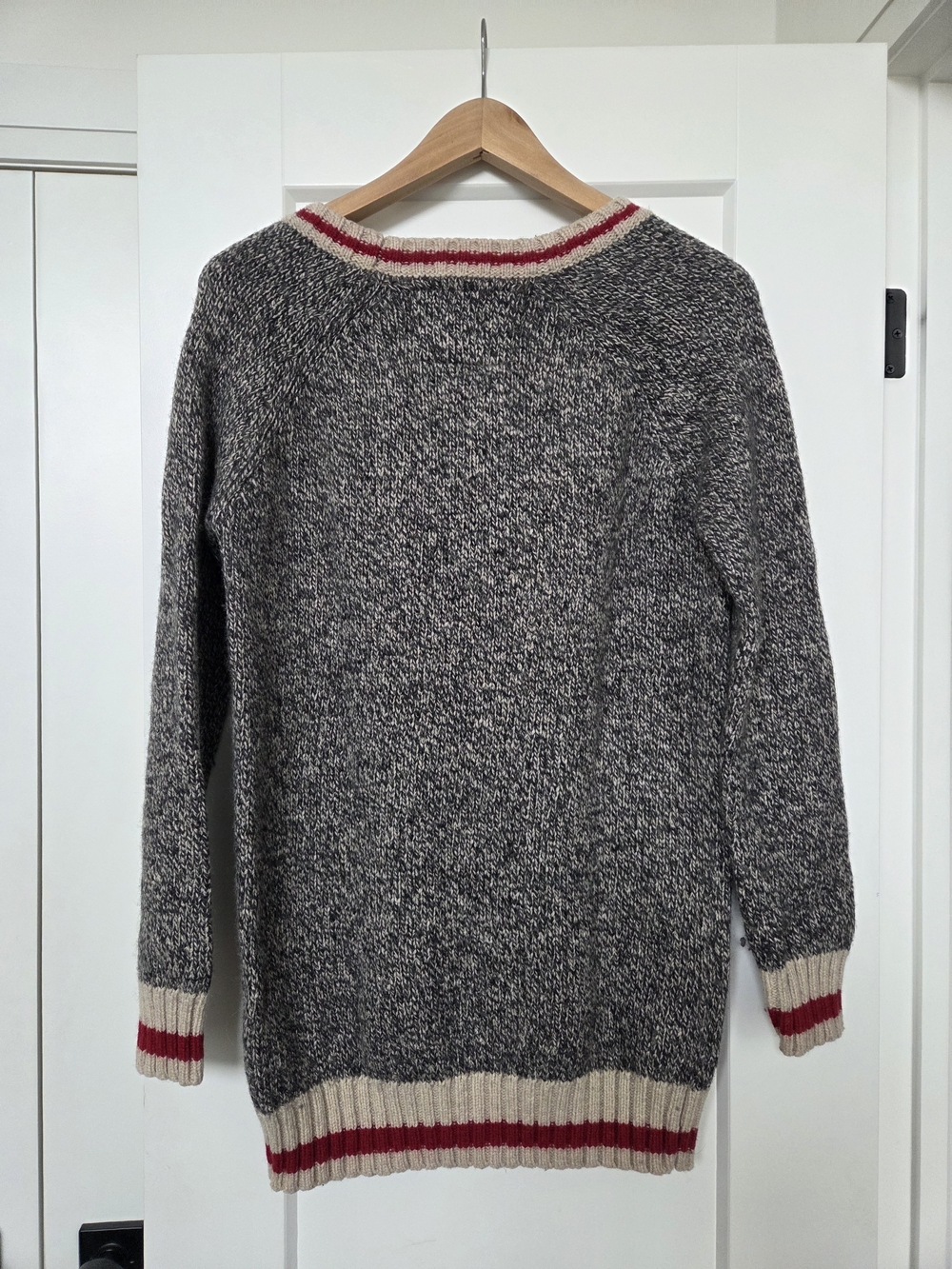 Roots Gray V-Neck Sweater with Cream and Red Stripe Trim - Picture 4 of 6
